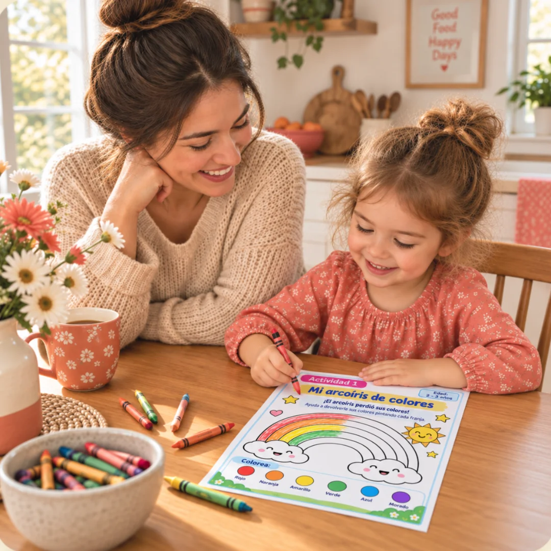 Mamá y su hija coloreando una ficha educativa en la mesa de la cocina